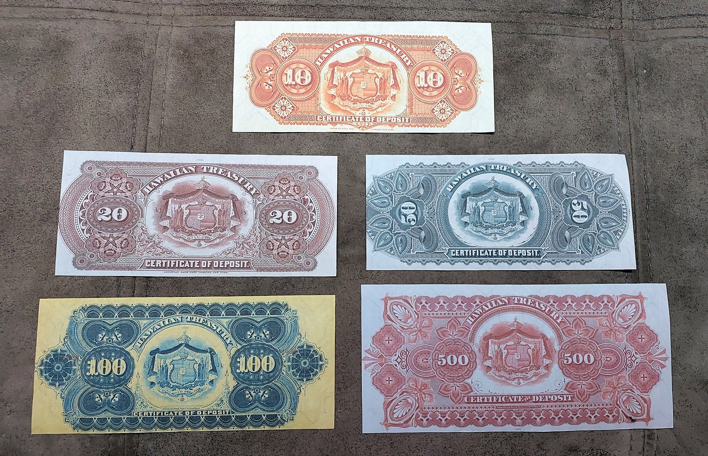 Hawaiian Islands 10, 20, 50 & 100 Dollar notes reverse side view