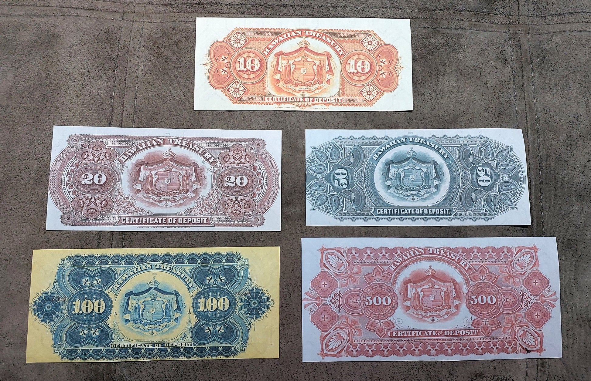 Hawaiian Islands 10, 20, 50 & 100 Dollar notes reverse side view