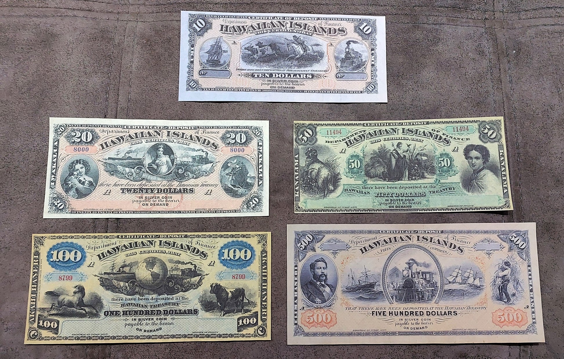 Hawaiian Islands 10, 20, 50 & 100 Dollar 1879-1880 historical currency notes front