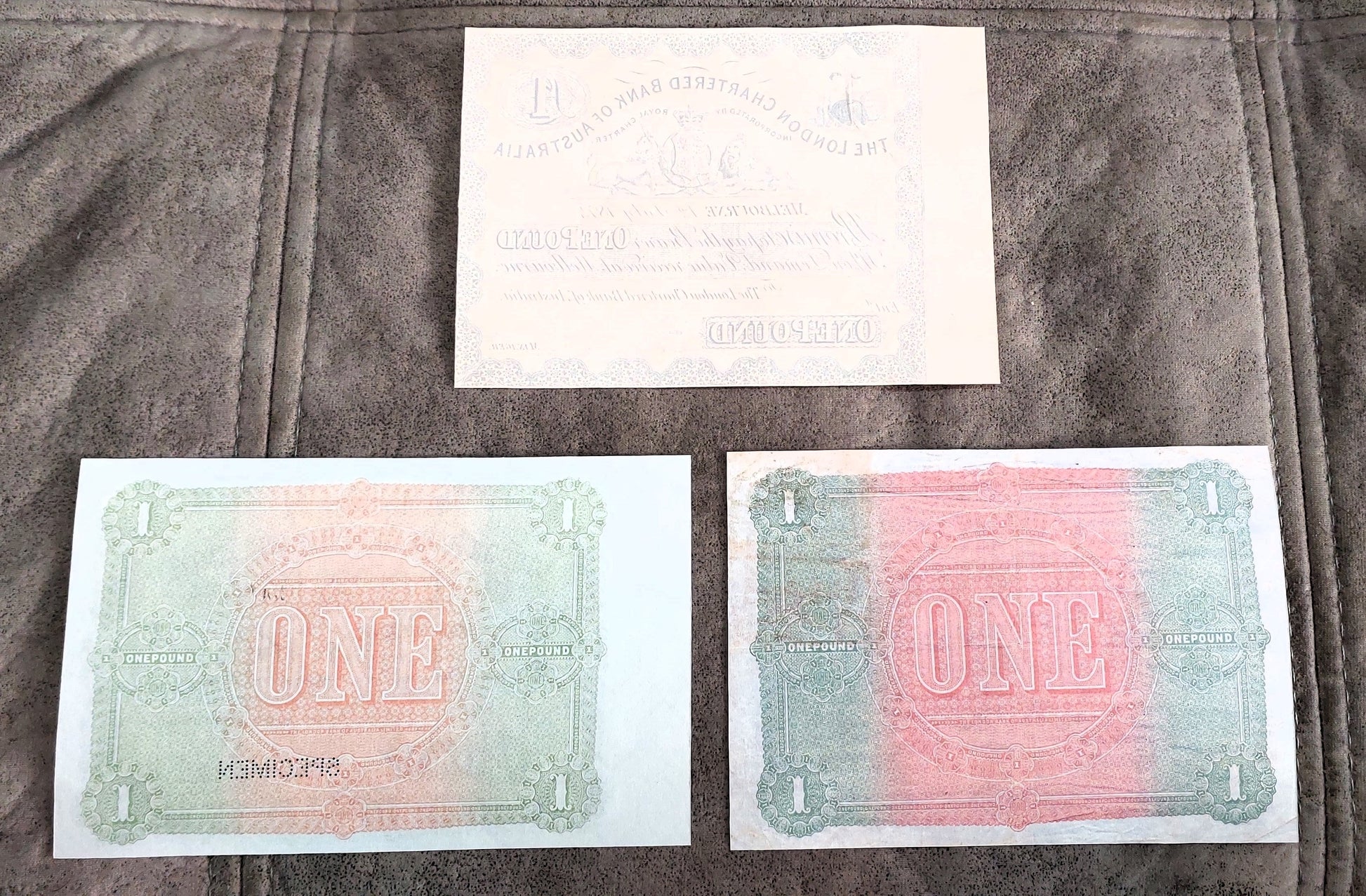 The London Bank of Australia 1 Pound 1874 & 1898 Specimen banknote reverse side
