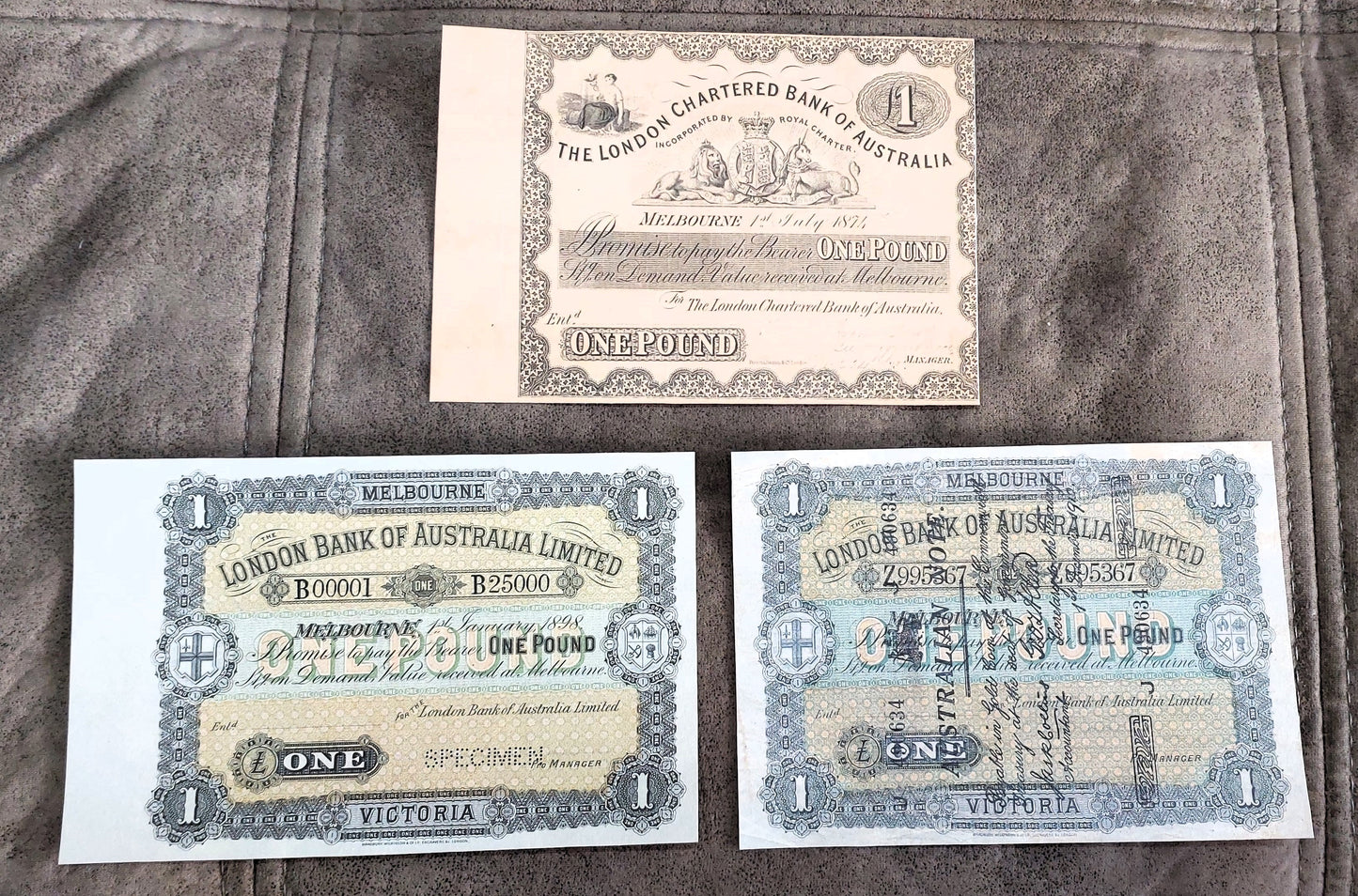 The London Bank of Australia 1 Pound 1874 & 1898 Specimen banknote front