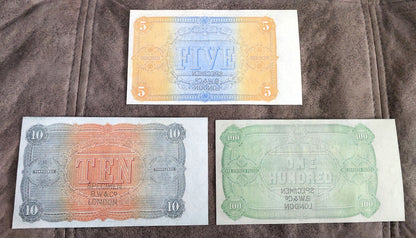 The London Bank of Australia 5 Pound & 10 Pound Specimen notes reverse side