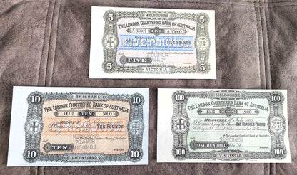 The London Bank of Australia 5 Pound 1885 & 10 Pound 1882 Specimen notes front