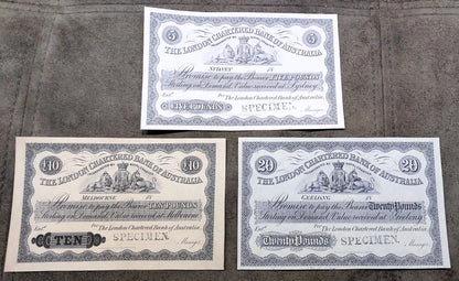 The London Chartered Bank of Australia 5, 10 and 20 Pound 1870 Specimen Notes
