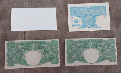 Four-note grid layout (quartet) displaying back/reverse side designs, watermark panels, and security borders for the Dollar denominations