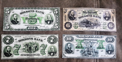 Molsons Bank Extra Rare 5, 10 Dollar 1872 & 6, 7 Dollar 1871 Specimen Notes