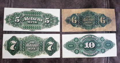 Molsons Bank Rare 5 6 7 10 Dollar 1871 1872 Specimen Notes Back Side