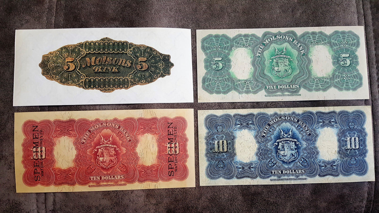 Molsons Bank 5 and 10 Dollar 1908 1912 1916 Currency Notes Back Side