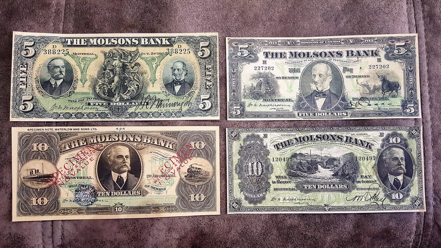 Molsons Bank 5, 10 Dollar 1908 1912 1916 and 10 Dollar 1912 Specimen Notes