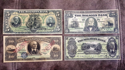 Molsons Bank 5, 10 Dollar 1908 1912 1916 and 10 Dollar 1912 Specimen Notes