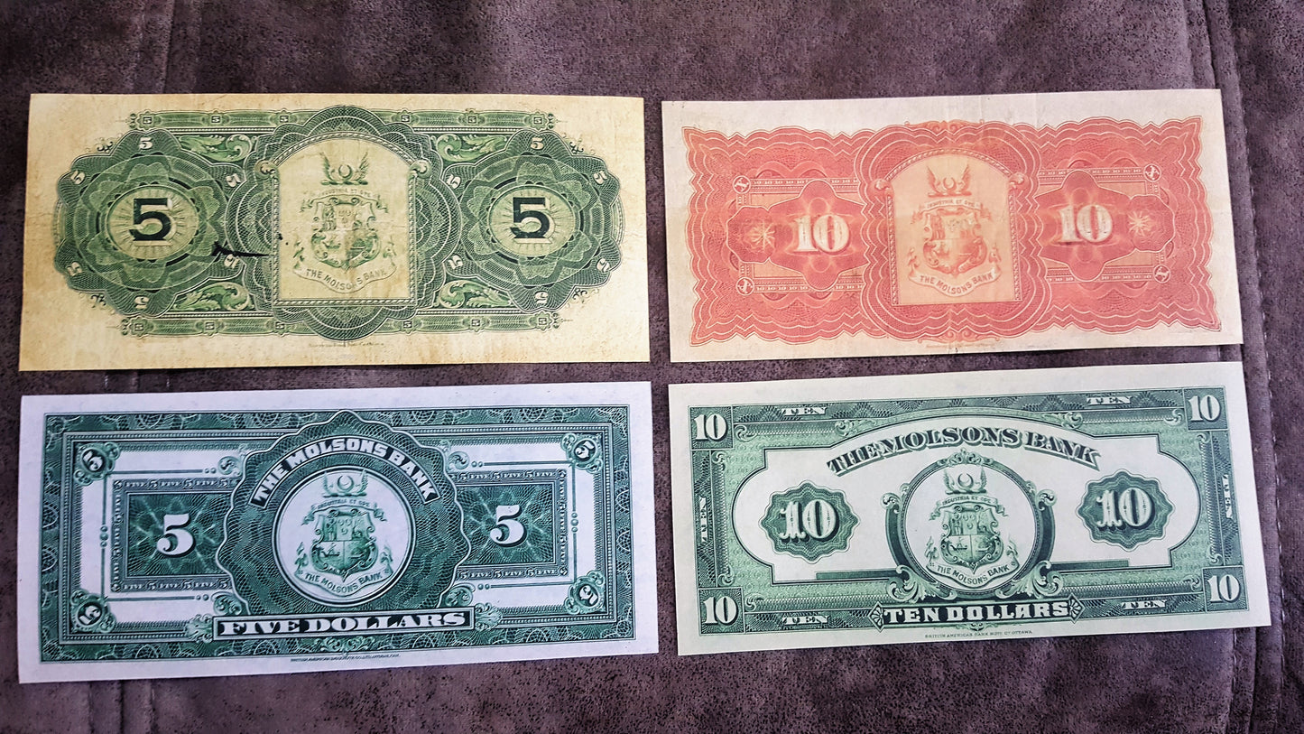 Molsons Bank 5 and 10 Dollar 1918 and 1922 Historical Notes Reverse Side