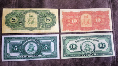 Molsons Bank 5 and 10 Dollar 1918 and 1922 Historical Notes Reverse Side