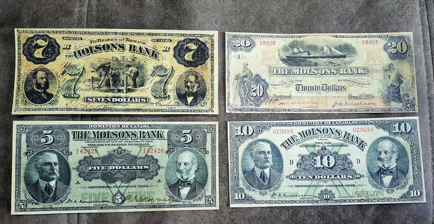 Molsons Bank Unique 7 Dollar 1871, 20 Dollar 1904 and 5 Dollar 1905 1908 Notes