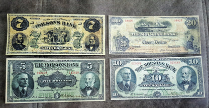 Molsons Bank Unique 7 Dollar 1871, 20 Dollar 1904 and 5 Dollar 1905 1908 Notes