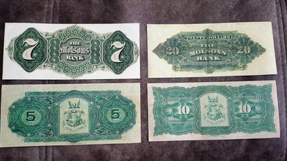 Molsons Bank 7 Dollar 1871, 20 Dollar 1904, 5 Dollar 1905 1908 Notes Reverse