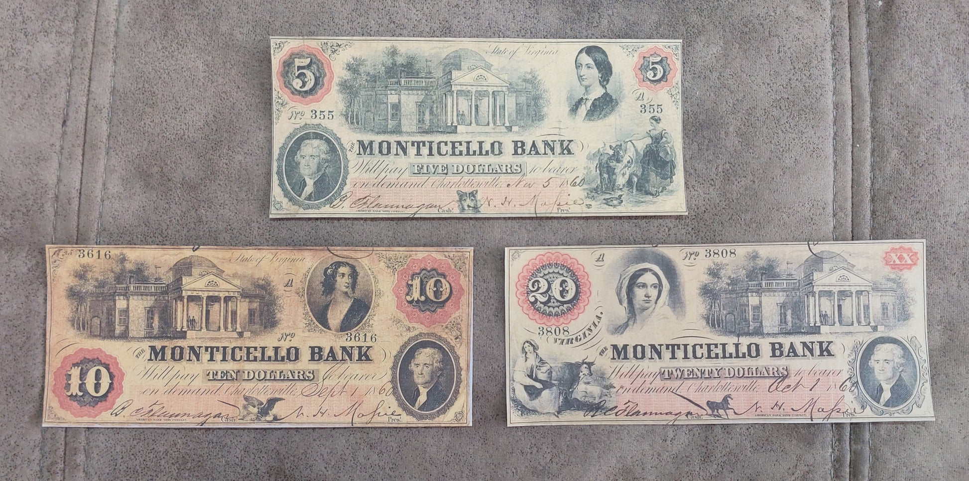 Monticello Bank Virginia 5, 10 & 20 Dollar 1860 obsolete currency notes front