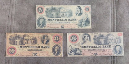 Monticello Bank Virginia 5, 10 & 20 Dollar 1860 obsolete currency notes front