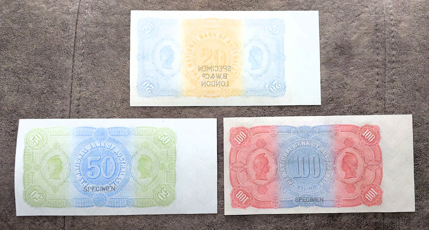 The National Bank of Australasia 1 Pound & 5 Pound Specimen Melbourne reverse side