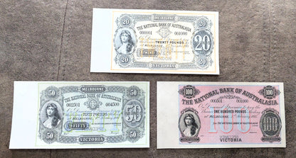 The National Bank of Australasia 1 Pound 1896 & 5 Pound 1888 Specimen Melbourne front