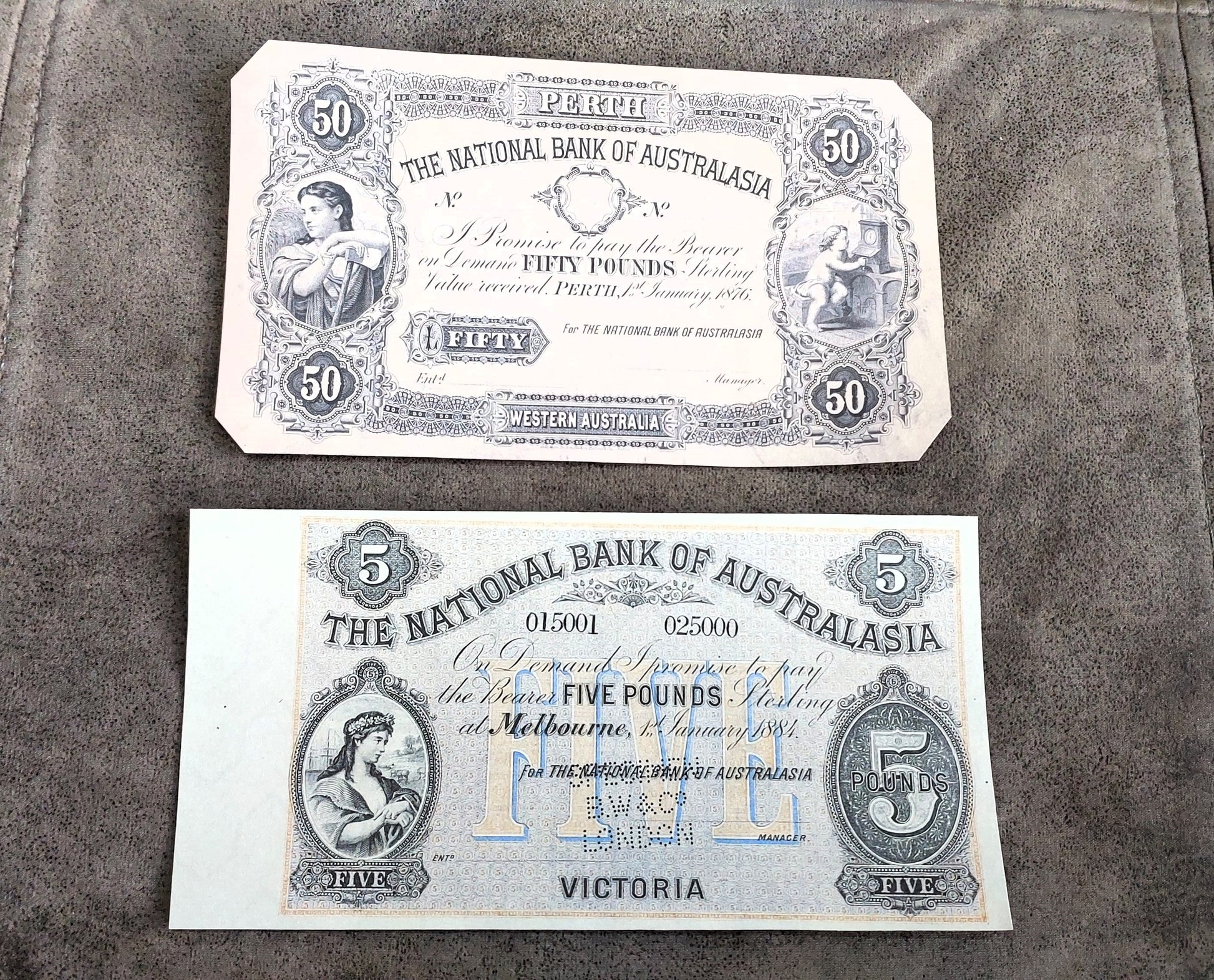 The National Bank of Australasia 50 Pound & 100 Pound Specimen Melbourne front