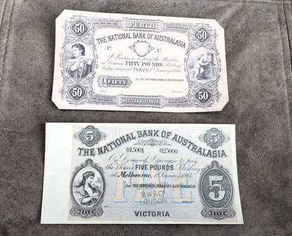 The National Bank of Australasia 50 Pound & 100 Pound Specimen Melbourne front