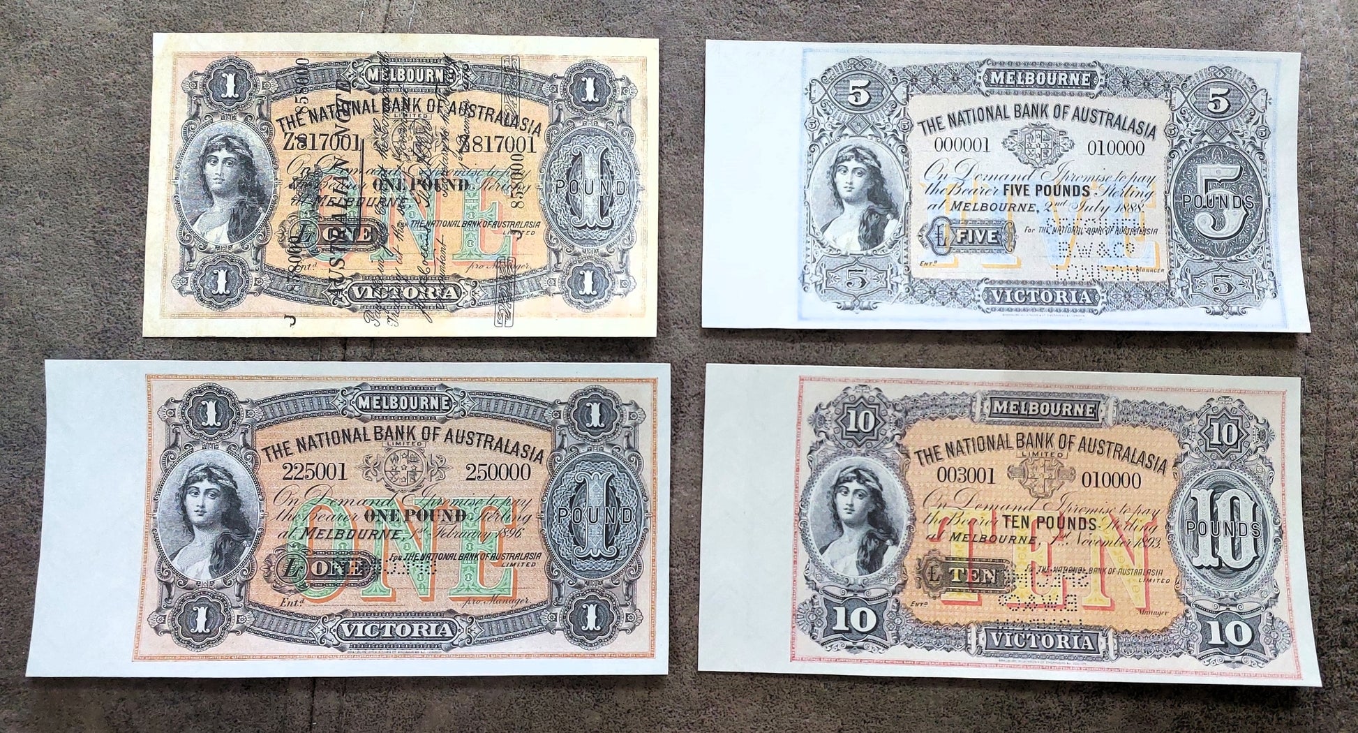 The National Bank of Australasia 50 Pound Perth 1876 & 5 Pound 1884 Specimen front