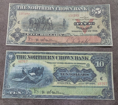 Northern Crown Bank 5 Dollar 1908 and 10 Dollar 1908 Rare Numismatic Notes