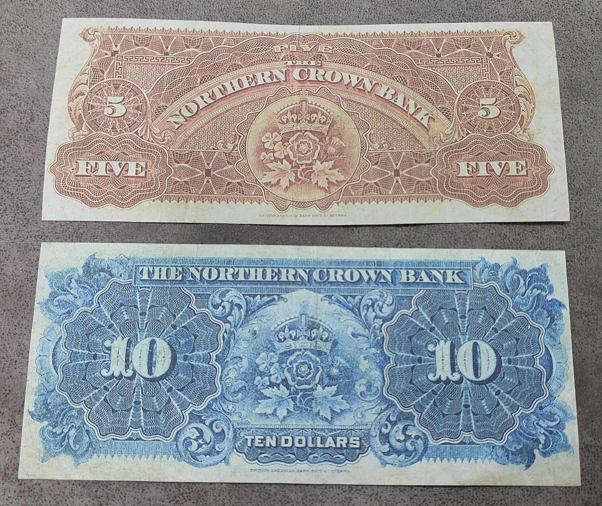 Northern Crown Bank 5 and 10 Dollar 1908 Historical Currency Notes Reverse