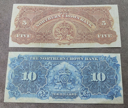 Northern Crown Bank 5 and 10 Dollar 1908 Historical Currency Notes Reverse