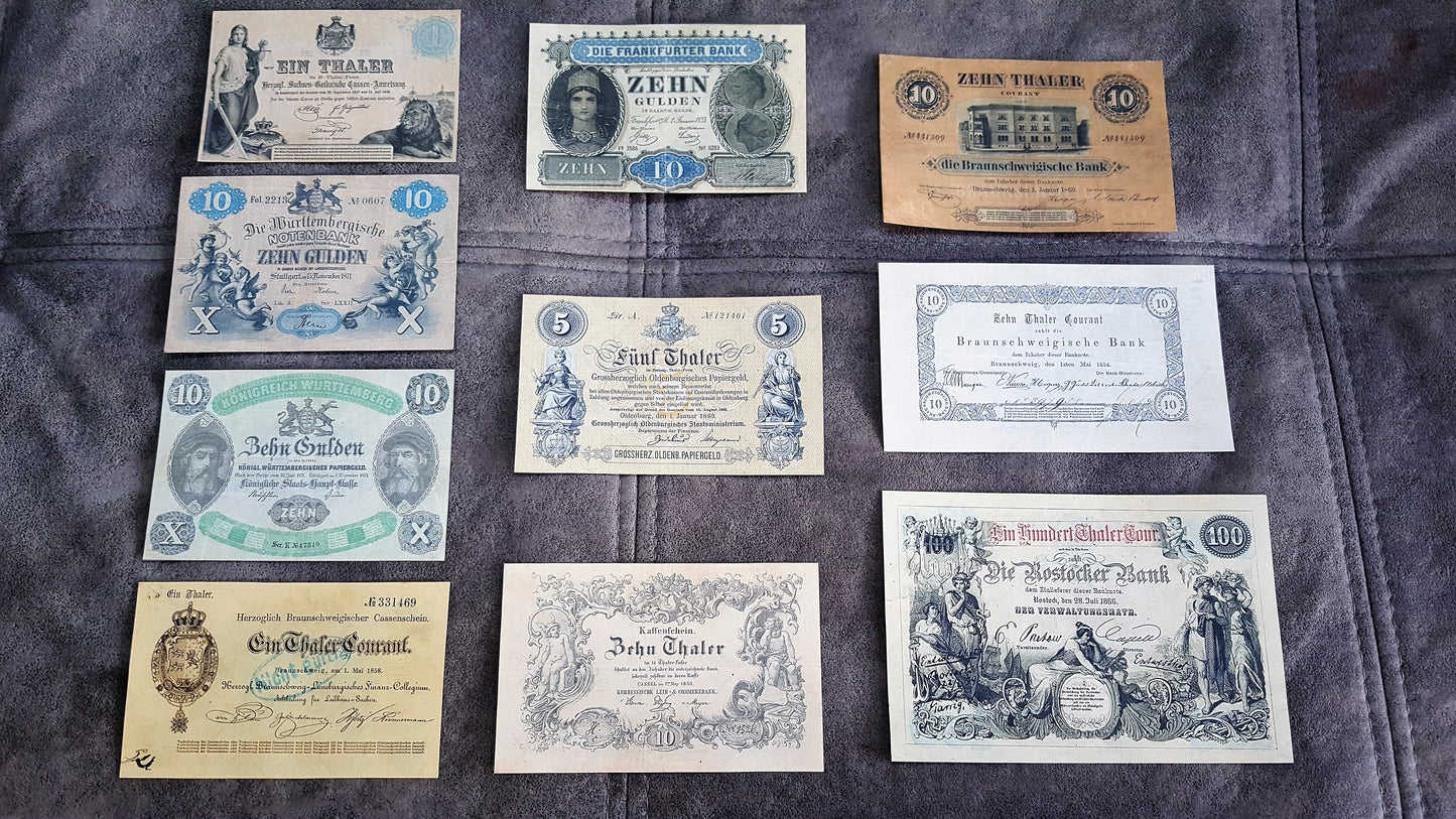 Old German States Banknotes Set B Complete 10 Items Collection 1854-1871