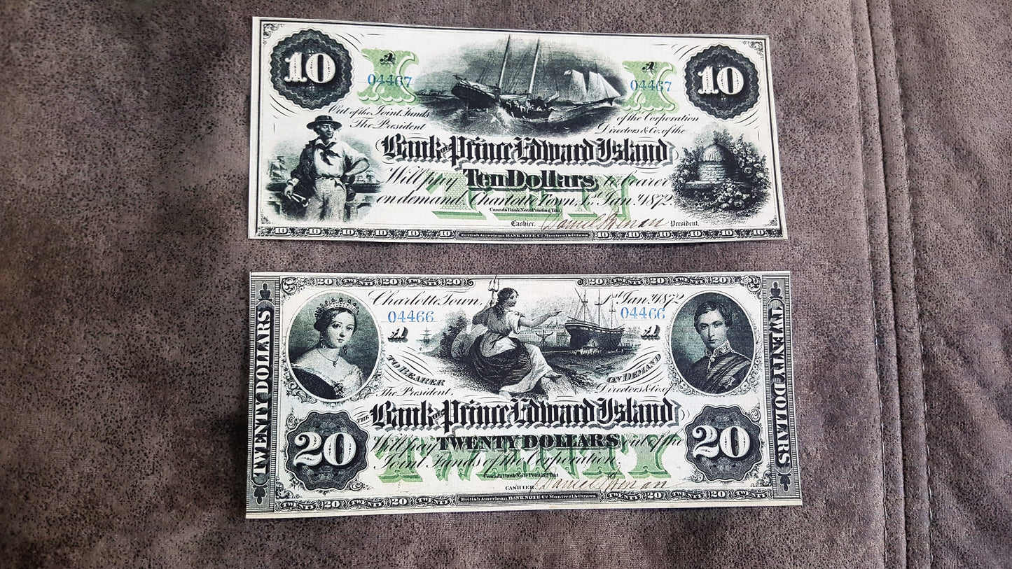 Prince Edward Island 10 Dollar 1877 and 20 Dollar 1877 Numismatic Banknotes Set