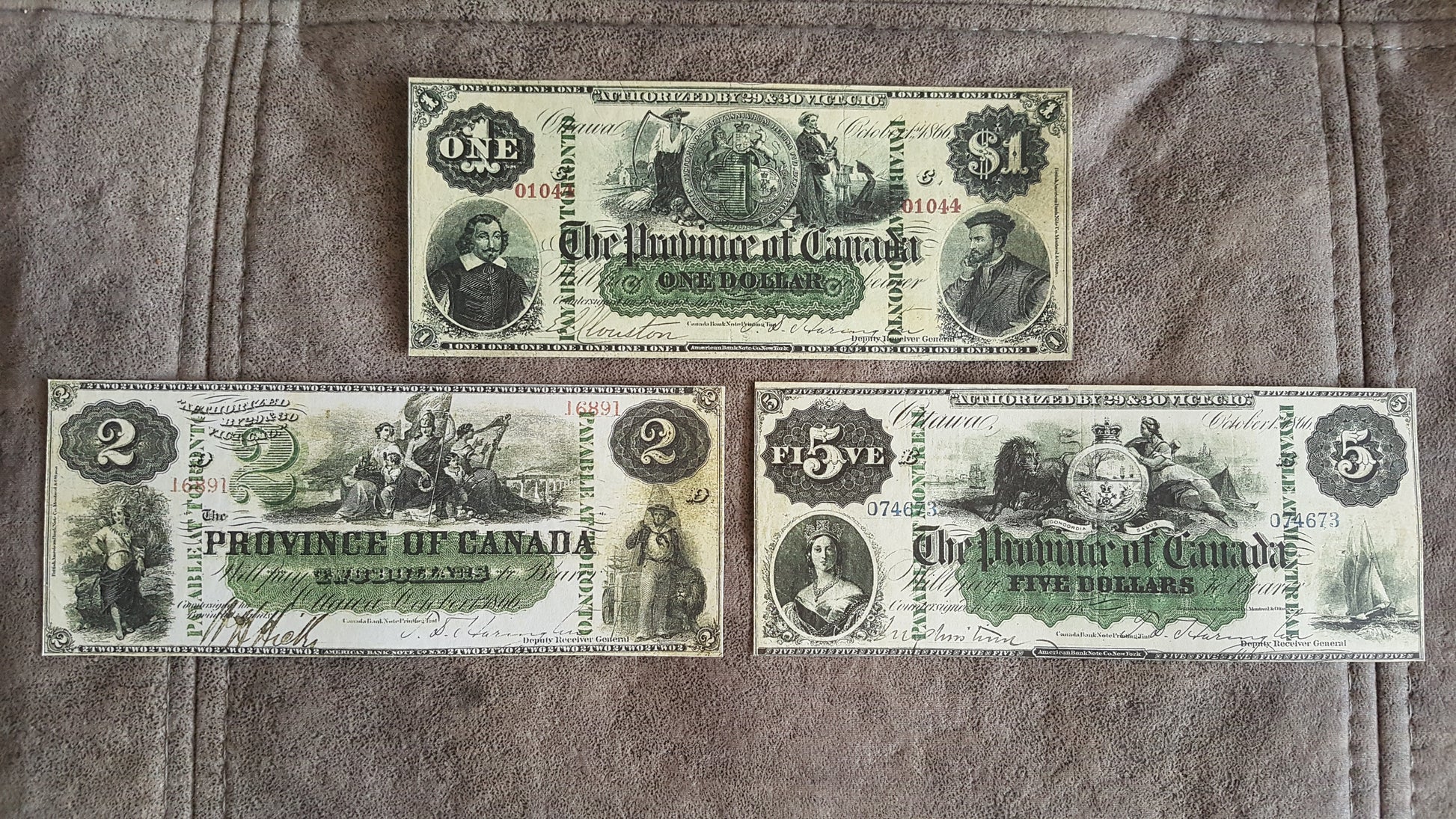 Province of Canada 1, 2 and 5 Dollar 1866 Pre-Confederation Specimen Notes