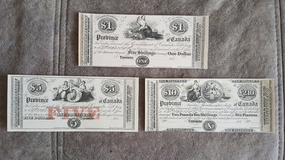 Province of Canada 1 Dollar and 5 Dollar 1850 Pre-Confederation Specimen Notes