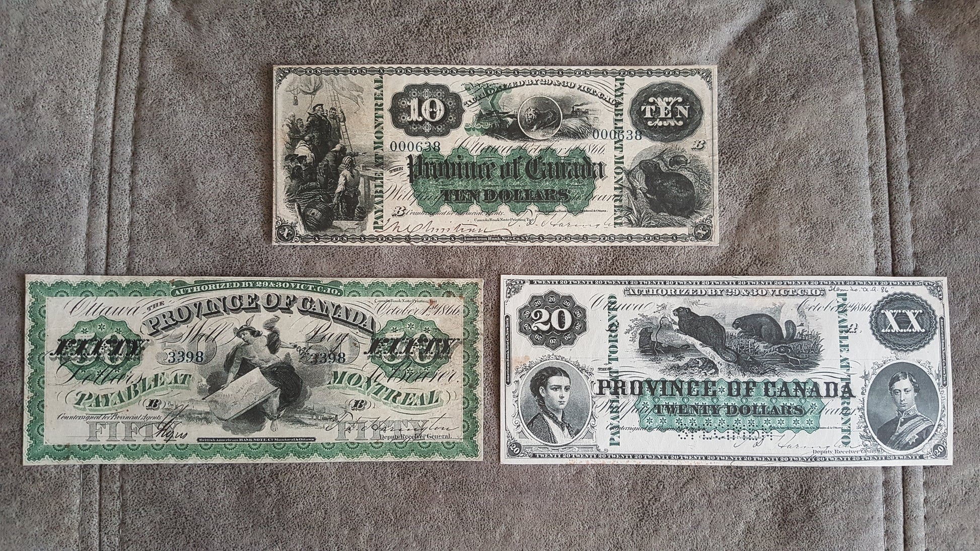 Province of Canada 10 Dollar and 20 Dollar 1866 Treasury Numismatic Notes