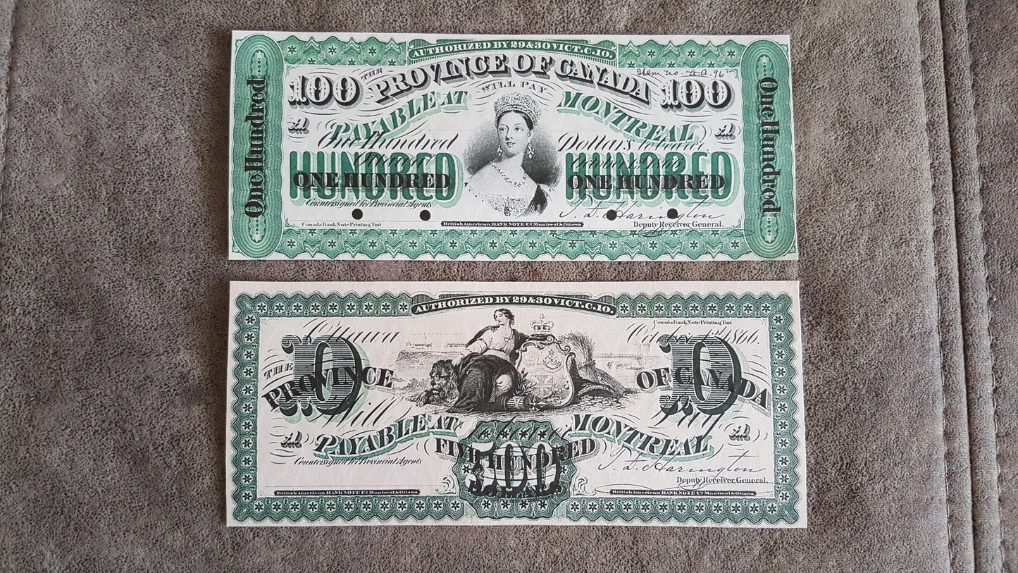 Province of Canada 50 Dollar and 100 Dollar 1866 High Denomination Treasury Notes
