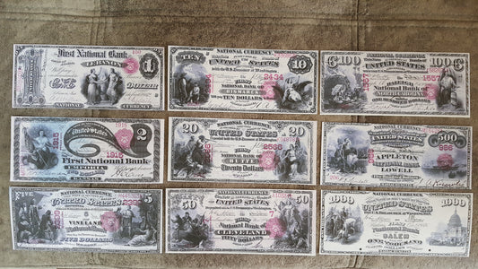 Rare 1875 series US National banknotes set for paper money collectors