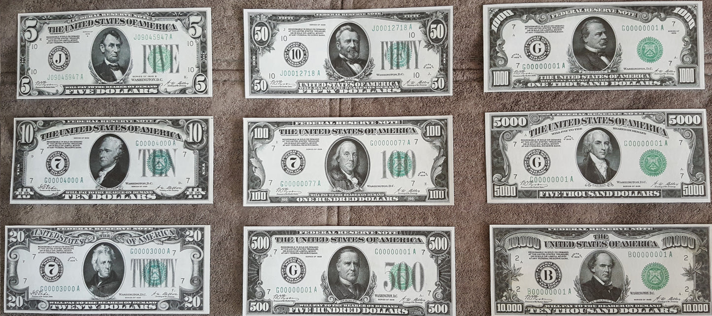 Rare 1928 series US Federal Reserve small size banknotes set for paper money collectors