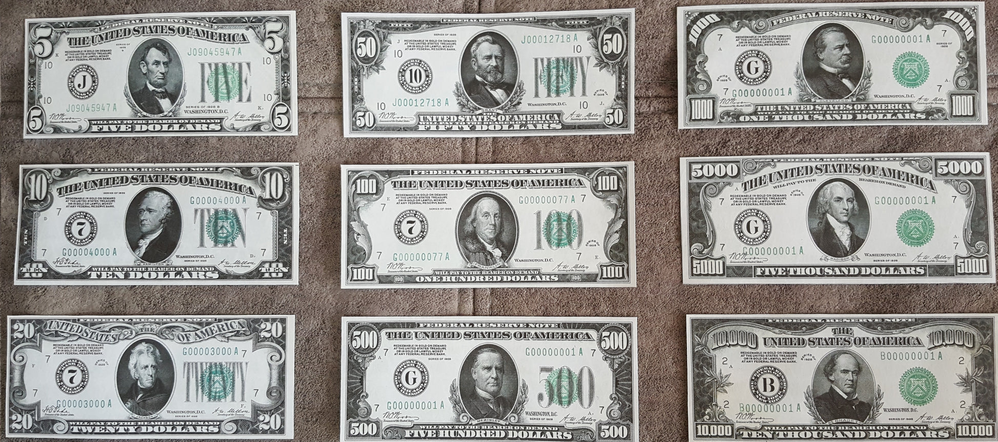 Rare 1928 series US Federal Reserve small size banknotes set for paper money collectors
