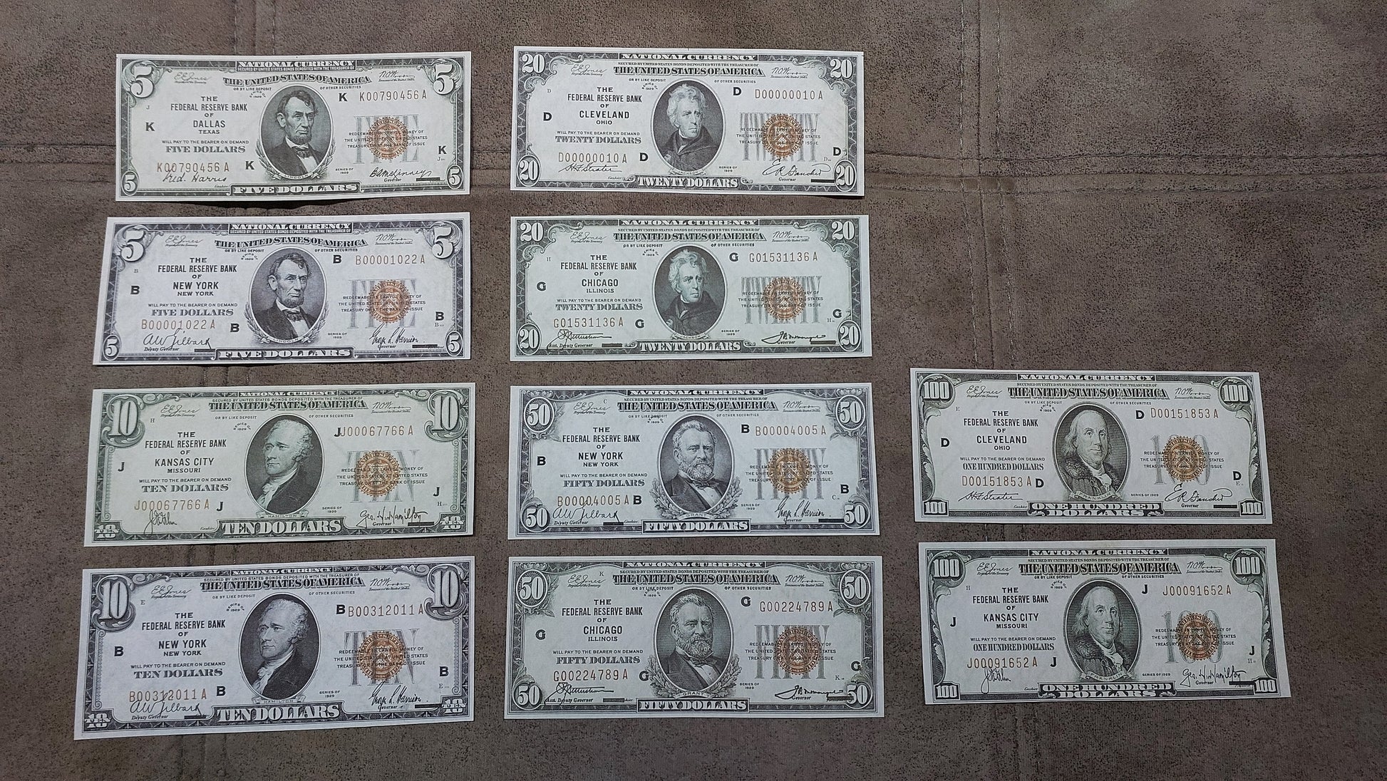 Detailed obverse and reverse view of rare 1929 series US Federal Reserve banknotes for paper money collectors.
