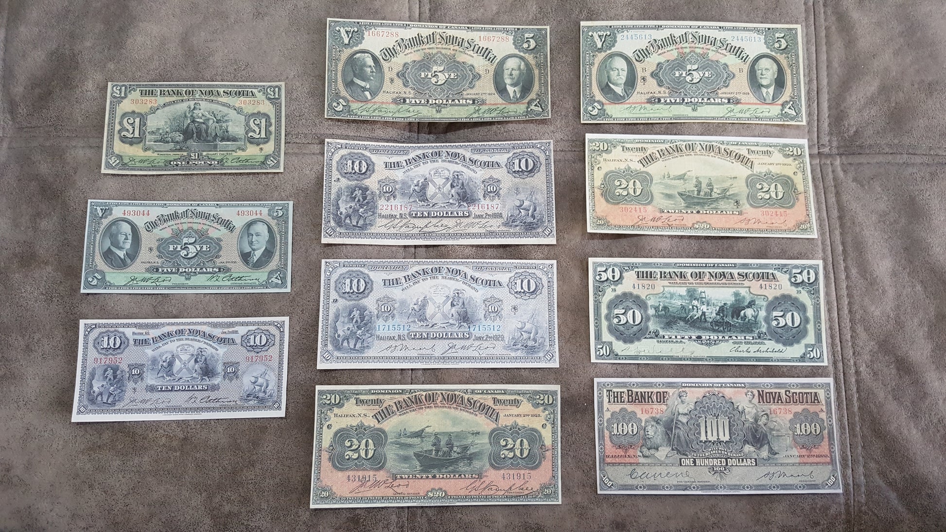 Rare 1920 to 1935 series Bank of Nova Scotia banknotes set for paper money collectors