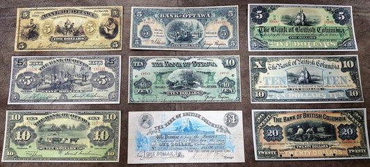 Rare 1863 to 1913 series Bank of Ottawa and British Columbia banknotes set