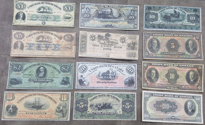 Rare 1838 to 1921 series Newfoundland and Union Bank of Canada banknotes set