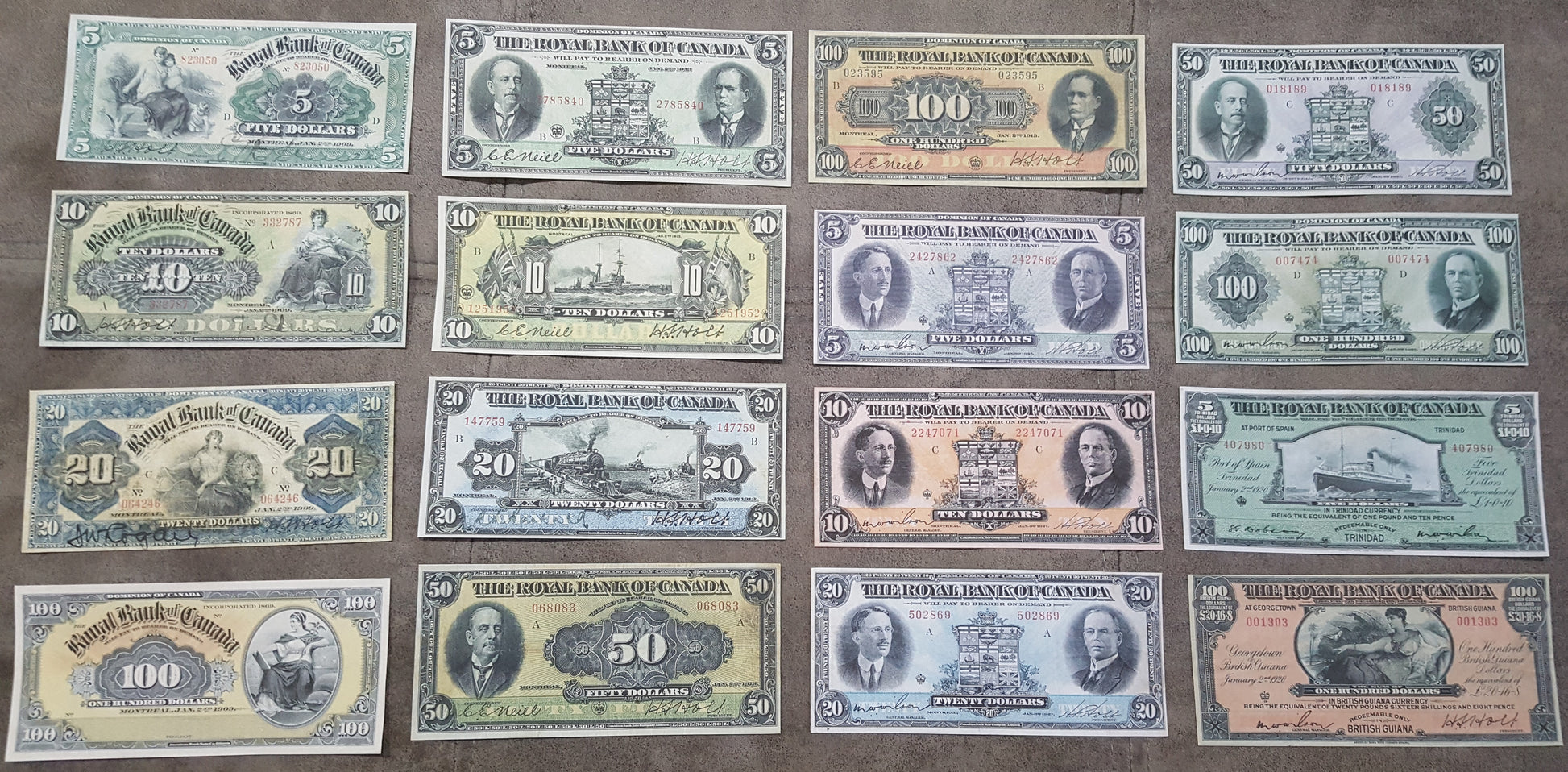 Rare 1909 to 1927 series The Royal Bank of Canada banknotes set for paper money collectors