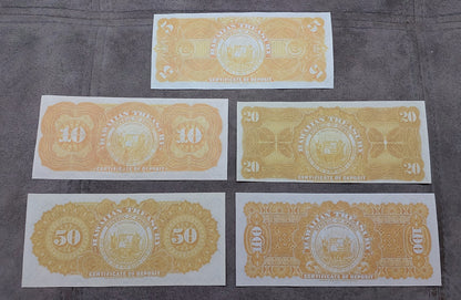 Republic of Hawaii 5, 10, 20 & 50 Gold Dollar 1895 certificates reverse side