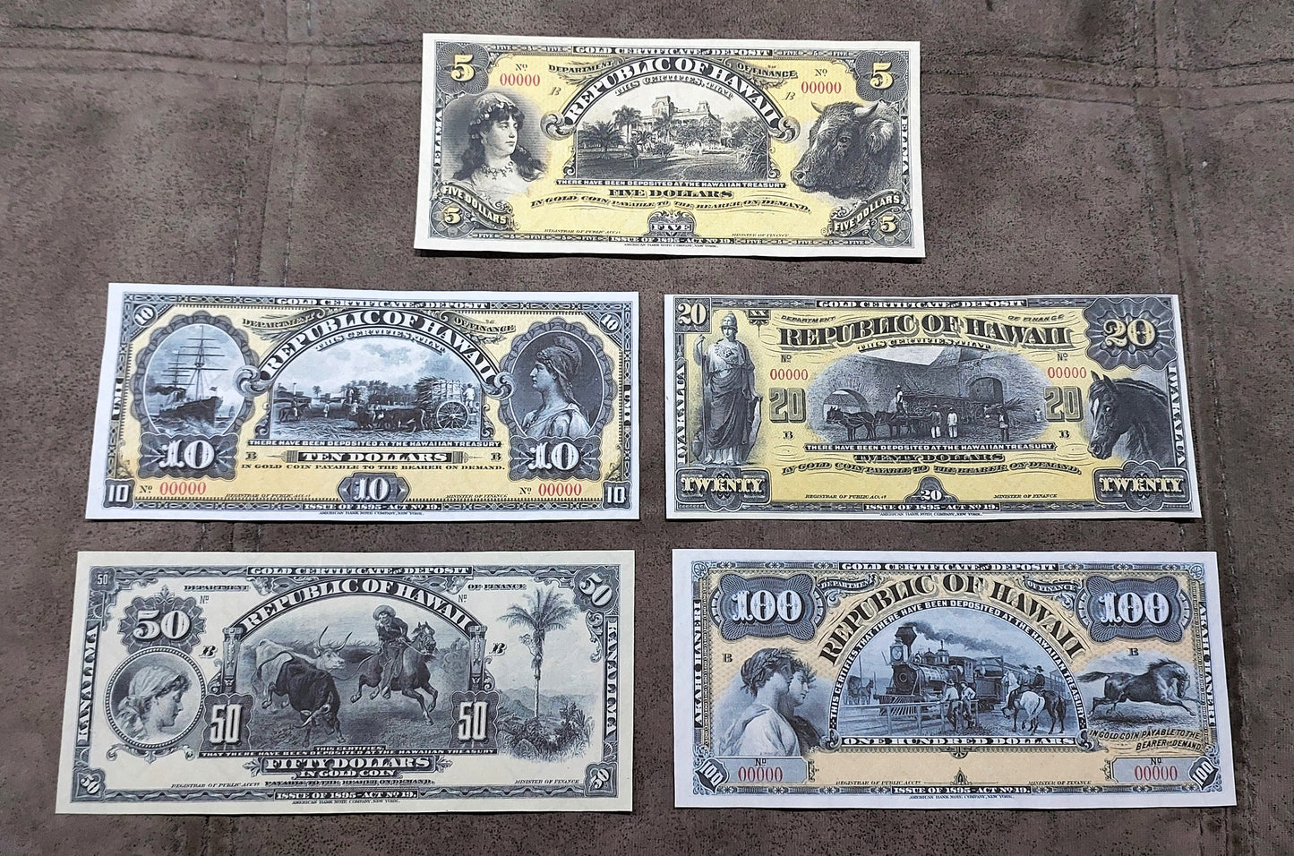 Republic of Hawaii 5, 10, 20 & 50 Gold Dollar 1895 certificates front