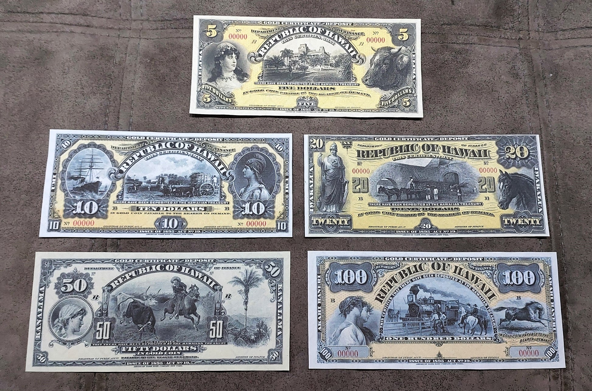 Republic of Hawaii 5, 10, 20 & 50 Gold Dollar 1895 certificates front