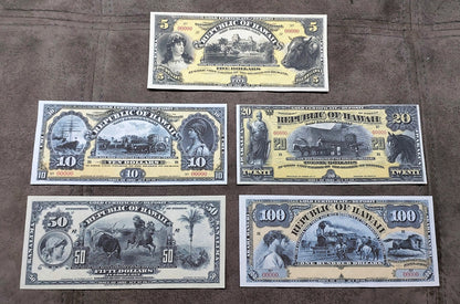 Republic of Hawaii 5, 10, 20 & 50 Gold Dollar 1895 certificates front