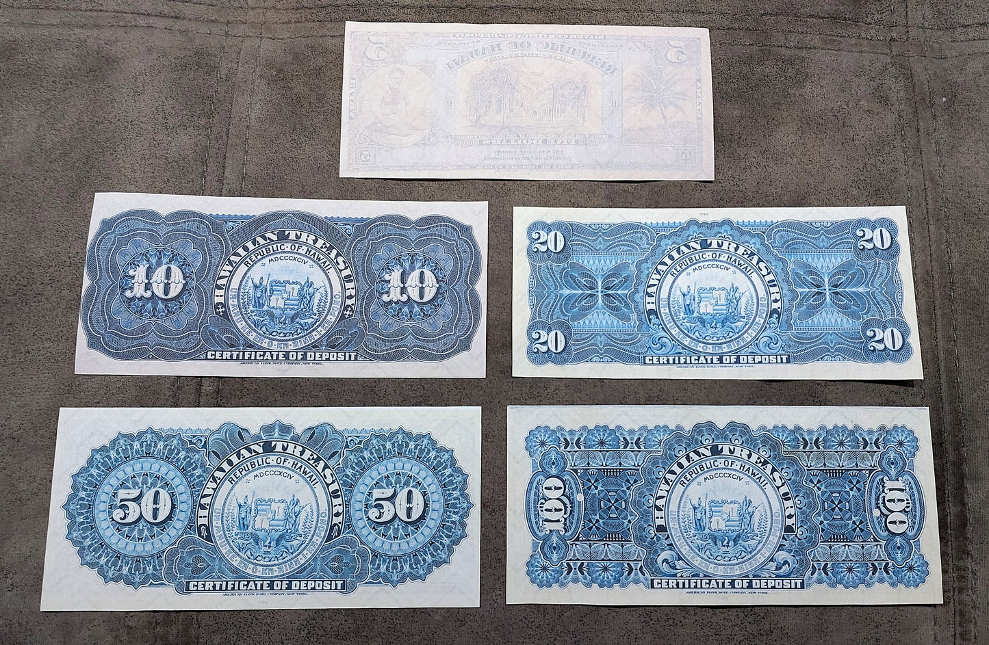 Republic of Hawaii 5, 10, 20 & 50 Silver Dollar 1895 certificates reverse side