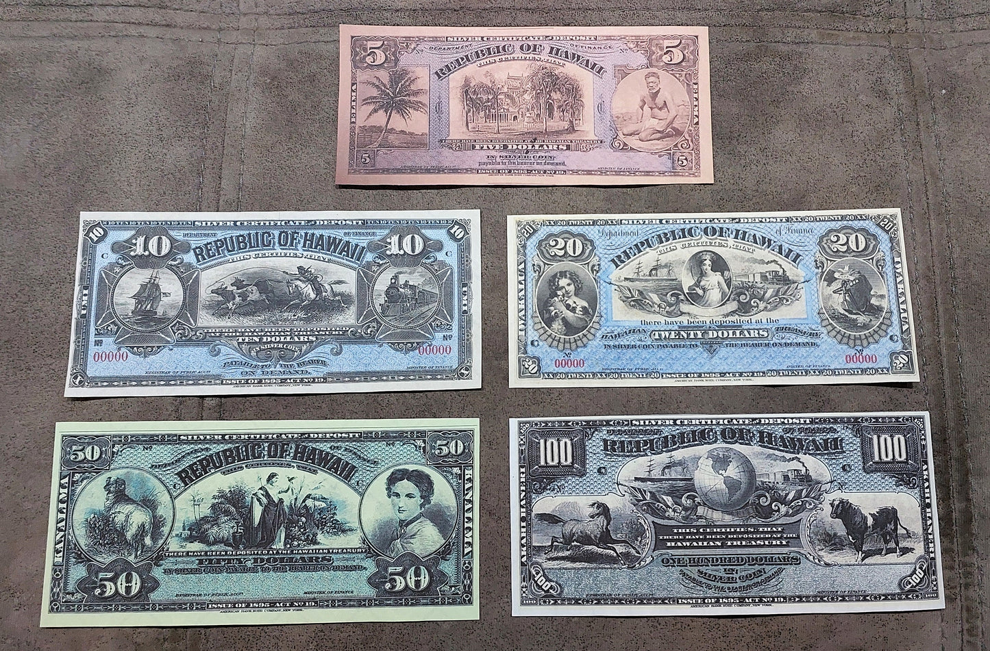 Republic of Hawaii 5, 10, 20 & 50 Silver Dollar 1895 certificates front