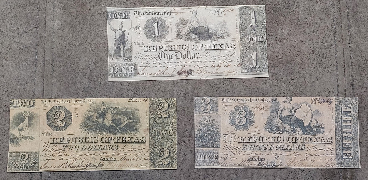 Republic of Texas 1 Dollar, 2 Dollar, and 3 Dollar 1841 obsolete paper money notes front